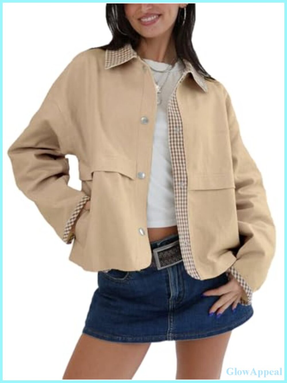 Womens Gingham Cropped Jacket Lightweight Lapel Short Trench Coat